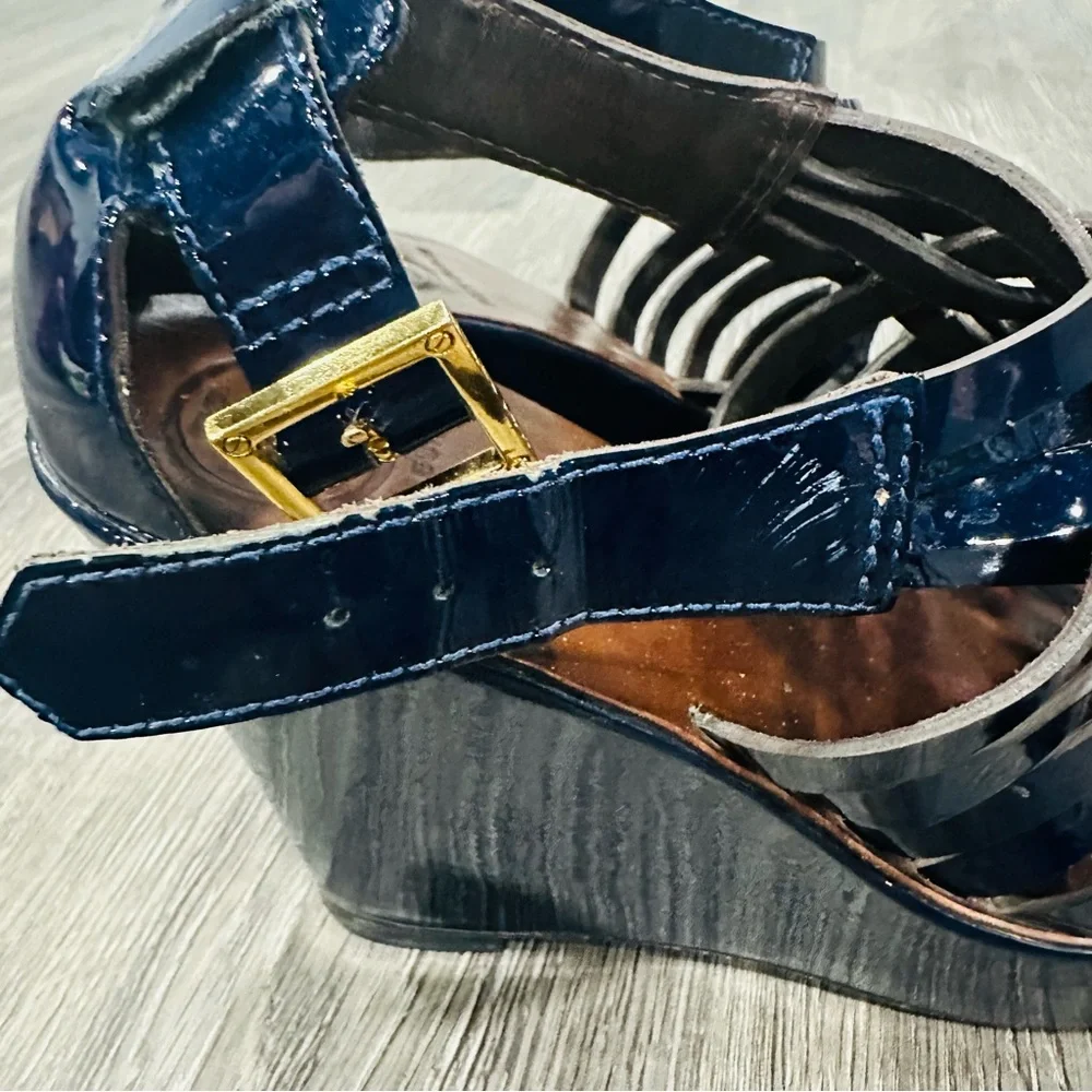 Tory Burch Blue and Brown Wedge Sandals with Stylish Straps